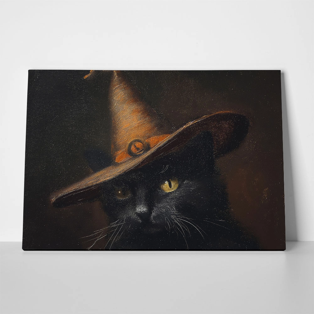 Πίνακας σε Καμβά VINTAGE AUTUMN HALLOWEEN CAT WITH HAT