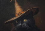 Πίνακας σε Καμβά VINTAGE AUTUMN HALLOWEEN CAT WITH HAT
