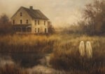 Πίνακας σε Καμβά VINTAGE AUTUMN HALLOWEEN GHOSTS OUTSIDE