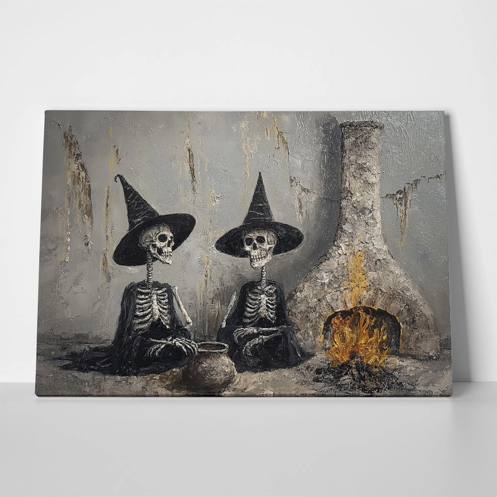 Πίνακας σε Καμβά VINTAGE AUTUMN HALLOWEEN SKELETON WITCHES