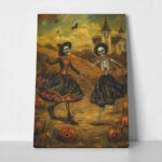 Canvas Print VINTAGE AUTUMN HALLOWEEN SKELETONS DANCING 5