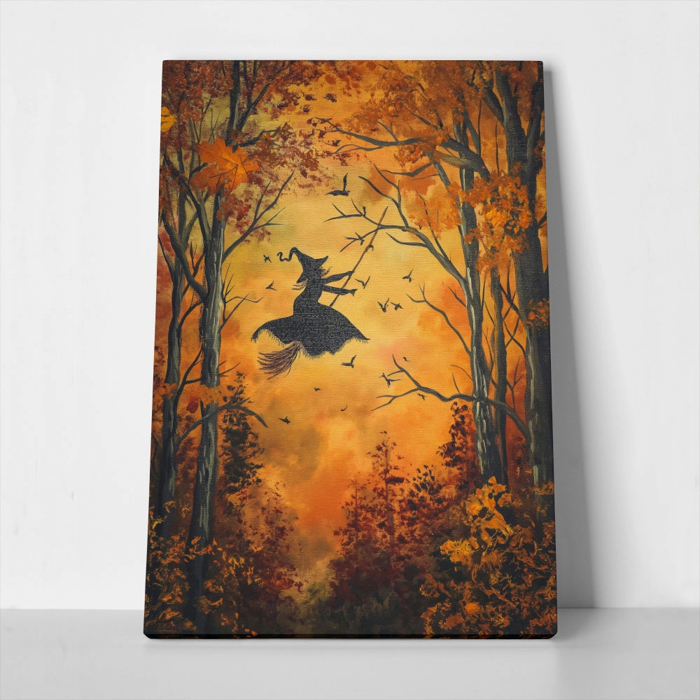 Πίνακας σε Καμβά VINTAGE AUTUMN HALLOWEEN WITCH FLYING