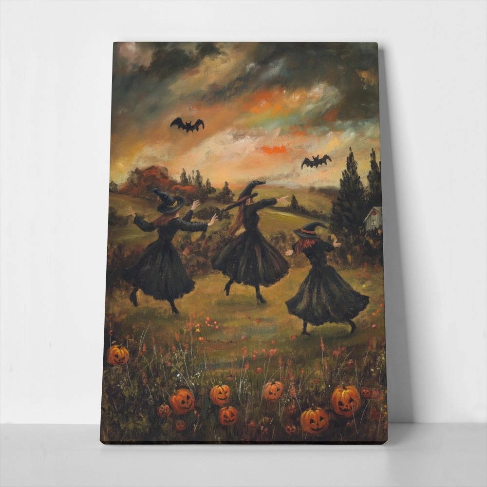 Πίνακας σε Καμβά VINTAGE AUTUMN HALLOWEEN WITCHES DANCING 2