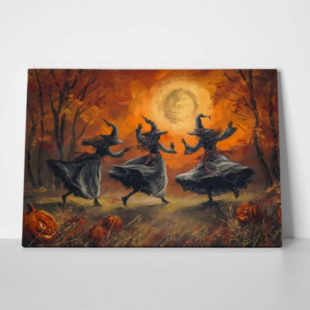 Πίνακας σε Καμβά VINTAGE AUTUMN HALLOWEEN WITCHES DANCING - 