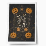 Poster VINTAGE AUTUMN HALLOWEEN SKELETONS DANCING 4