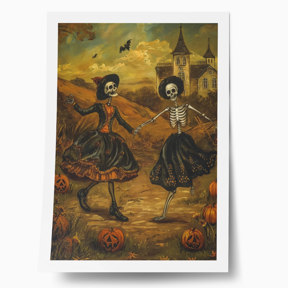 Poster VINTAGE AUTUMN HALLOWEEN SKELETONS DANCING 5