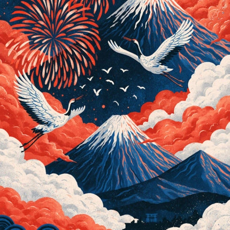 Πίνακας σε Καμβά JAPANESE CRANES WITH MOUNTAINS -  Sticky 5