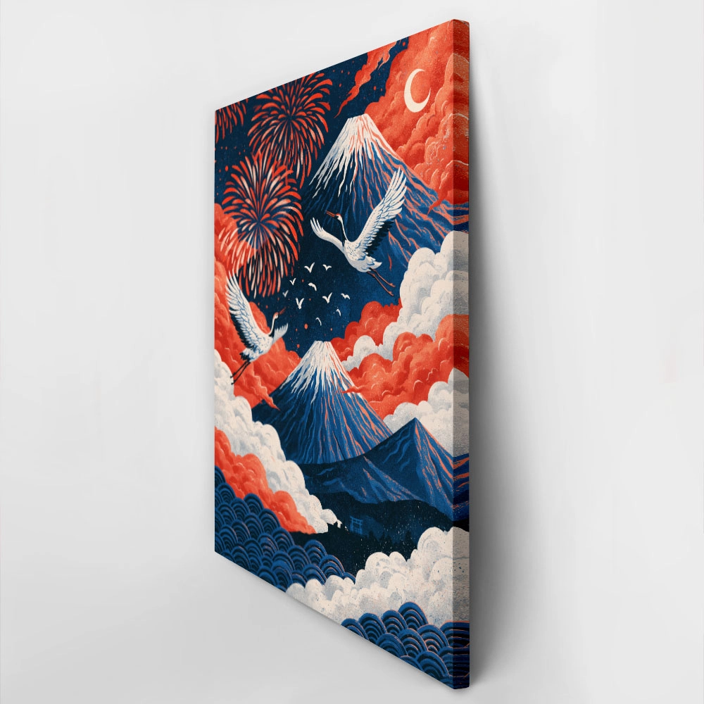 Canvas Wall Art JAPANESE CRANES WITH MOUNTAINS