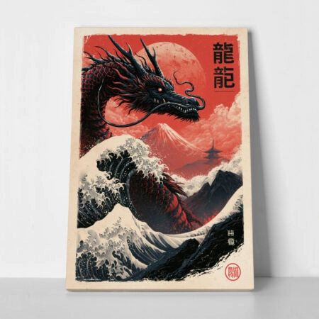 Πίνακας σε Καμβά JAPANESE DRAGON WITH WAVES - 