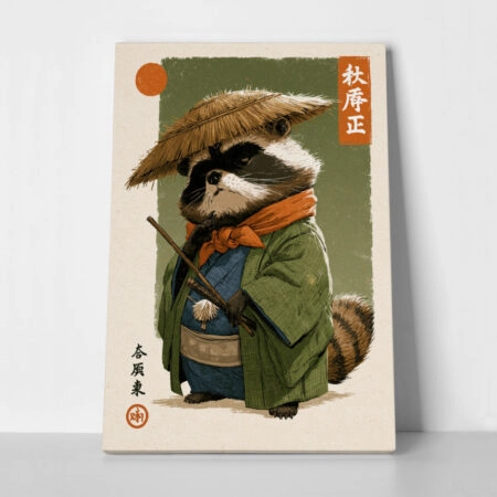 Πίνακας σε Καμβά JAPANESE RACCOON WITH STRAW HAT