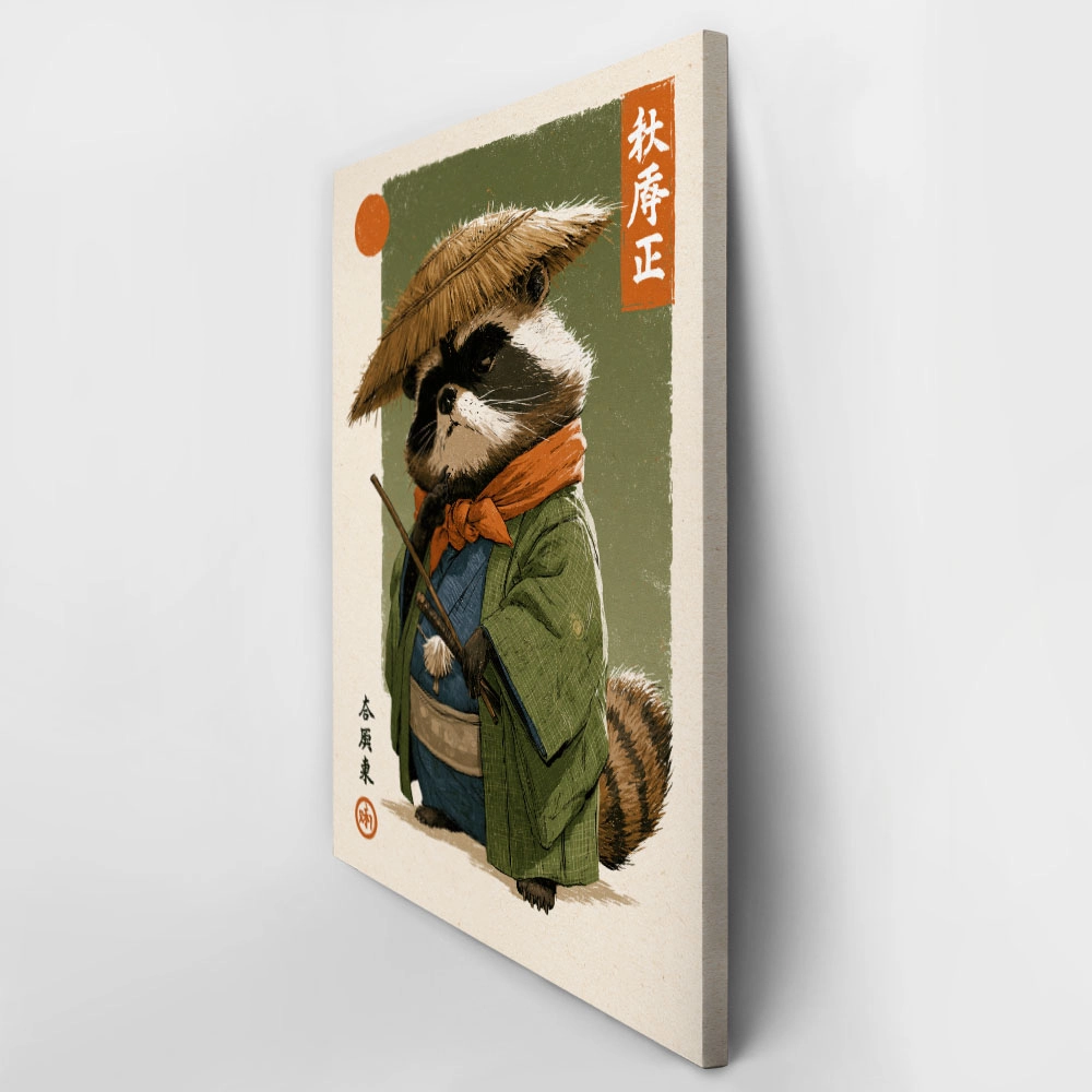 Πίνακας σε Καμβά JAPANESE RACCOON WITH STRAW HAT