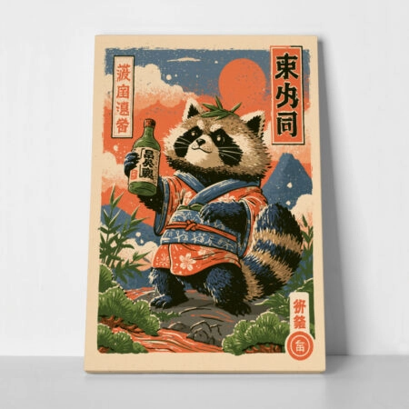 Πίνακας σε Καμβά JAPANESE RACOON DRINKING SAKE - 