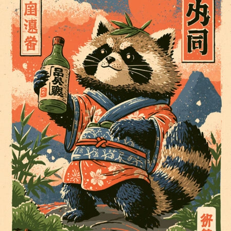 Πίνακας σε Καμβά JAPANESE RACOON DRINKING SAKE -  Sticky 5
