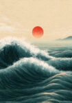 Πίνακας σε Καμβά JAPANESE WAVES WITH RED SUN 5