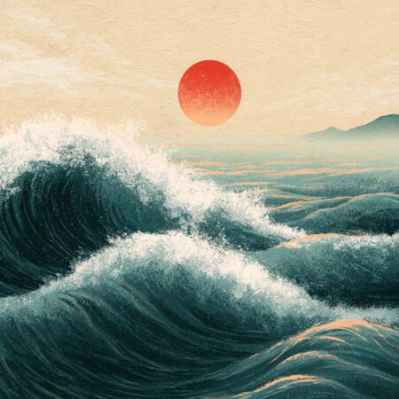 Πίνακας σε Καμβά JAPANESE WAVES WITH RED SUN 5 -  Sticky 5