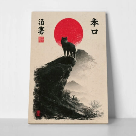 Πίνακας σε Καμβά JAPANESE WOLF WITH RED SUN