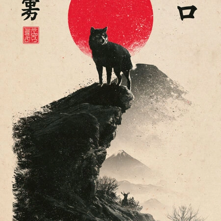 Πίνακας σε Καμβά JAPANESE WOLF WITH RED SUN -  Sticky 5
