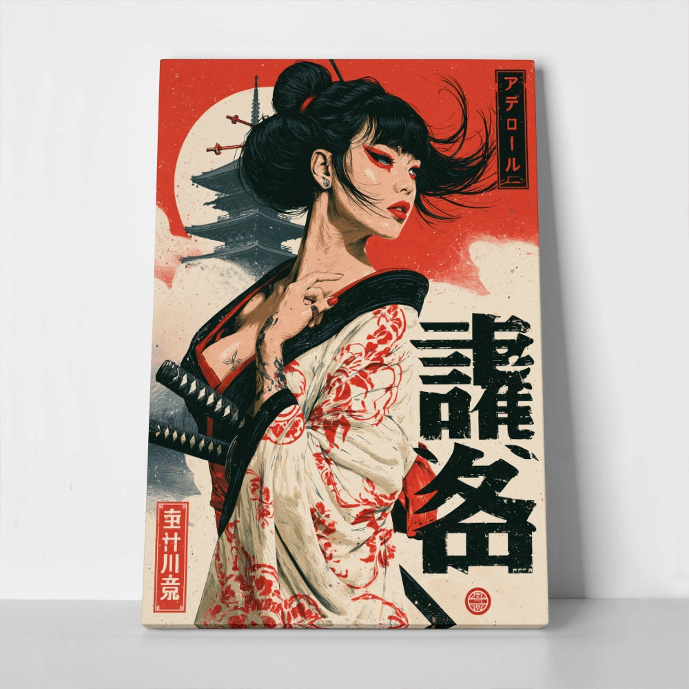 Πίνακας σε Καμβά JAPANESE WOMAN WITH KIMONO AND KATANAS