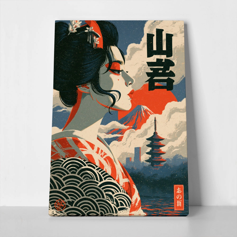 Πίνακας σε Καμβά JAPANESE WOMAN WITH KIMONO AND PAGODA
