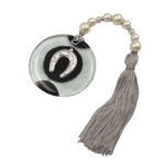 DECORATIVE LUCKY CHARM BLACK/SILVER HORSESHOE IN BLOWN GLASS WITH PEARLS & TASSEL - Φ10x40cm