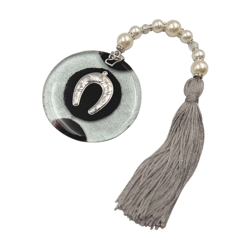 DECORATIVE LUCKY CHARM BLACK/SILVER HORSESHOE IN BLOWN GLASS WITH PEARLS & TASSEL - Φ10x40cm