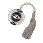 DECORATIVE LUCKY CHARM BLACK/SILVER EYE IN BLOWN GLASS WITH PEARLS & TASSEL - Φ10x40cm