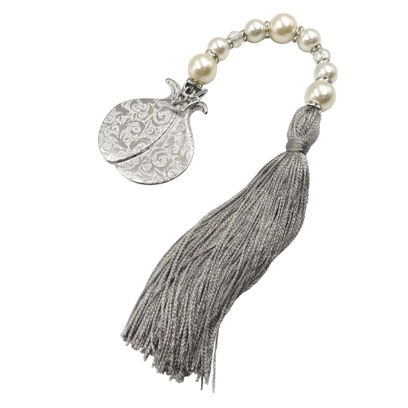 DECORATIVE LUCKY CHARM SILVER BAROQUE POMEGRANATE WITH PEARLS & TASSEL - Y40cm