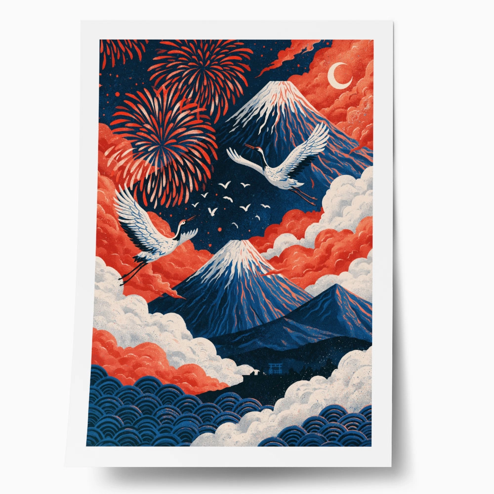 Poster JAPANESE CRANES WITH MOUNTAINS