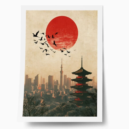 Poster JAPANESE SKYLINE WITH RED SUN - 