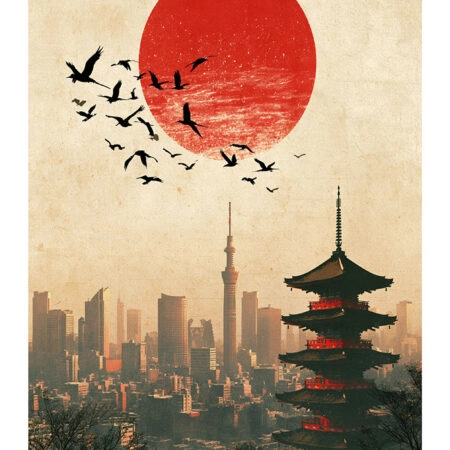 Poster JAPANESE SKYLINE WITH RED SUN -  Sticky 2