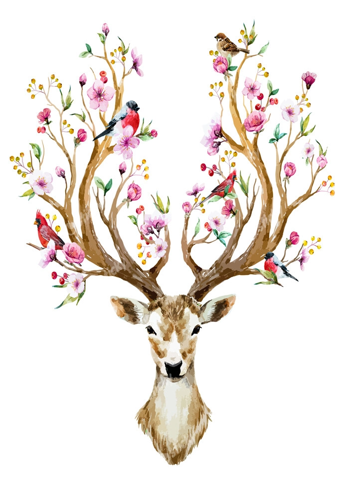 Πινακας σε καμβά WATERCOLOR ILLUSTRATION DEER FLOWERS BIRDS