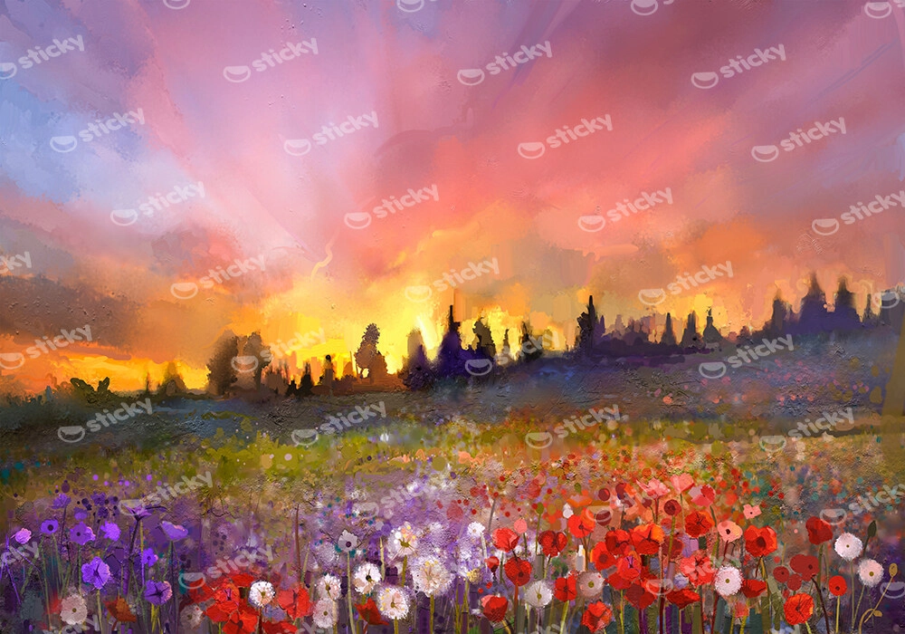Πινακας σε καμβά OIL PAINTING POPPY DANDELION DAISY FLOWERS