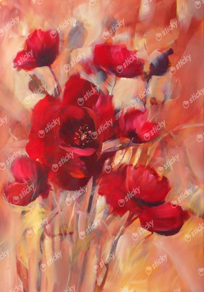 Πινακας σε καμβά RED ROMANTIC POPPY FLOWERS HANDMADE OIL PAINTING