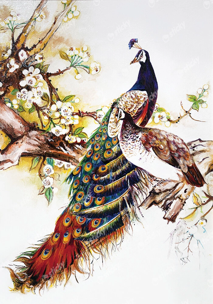Πινακας σε καμβά PAIR OF PEACOCKS CHERRY BRANCH