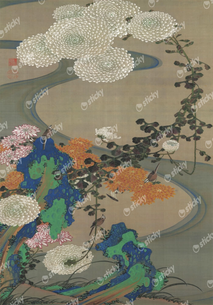 Πινακας σε καμβά JAKUCHU ITO - CHRYSANTHEMUMS BY A STREAM WITH ROCKS