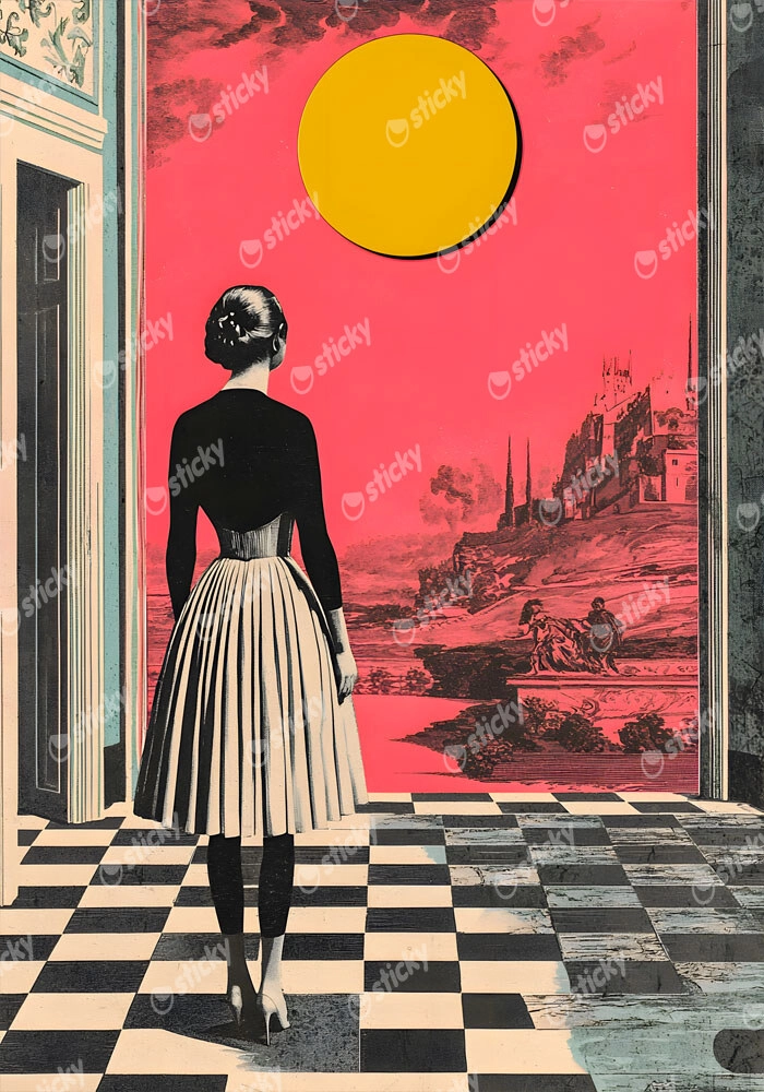 Πινακας σε καμβά WOMAN WITH ORANGE SUN RETRO DREAMSCAPE