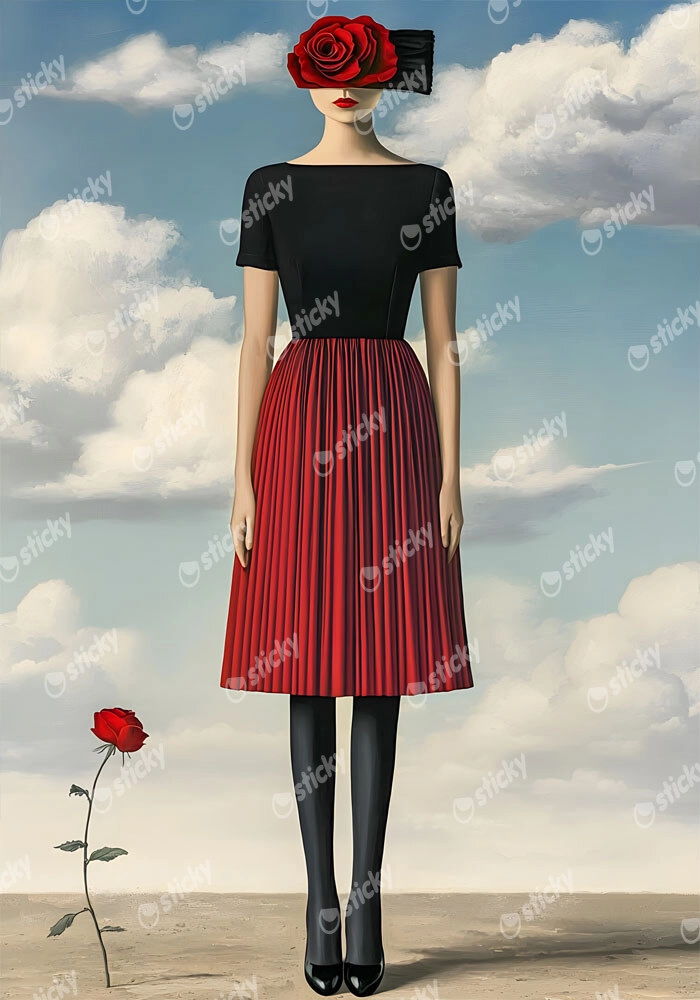 Πινακας σε καμβά WOMAN WITH RED DRESS AND ROSE RETRO DREAMSCAPE