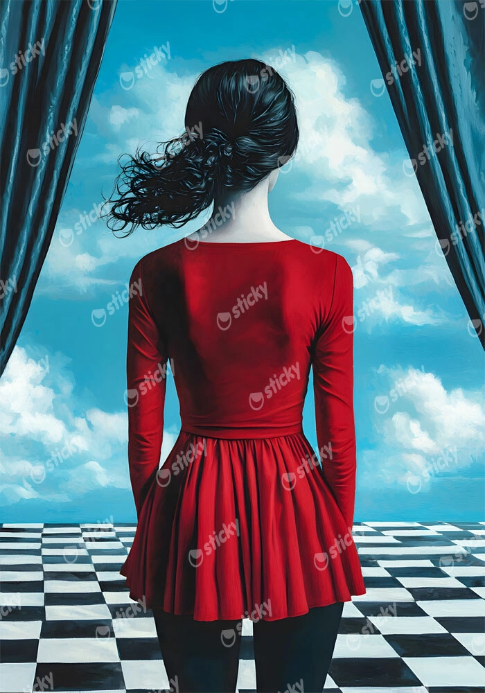 Πινακας σε καμβά WOMAN WITH RED DRESS ON CHESSBOARD RETRO DREAMSCAPE