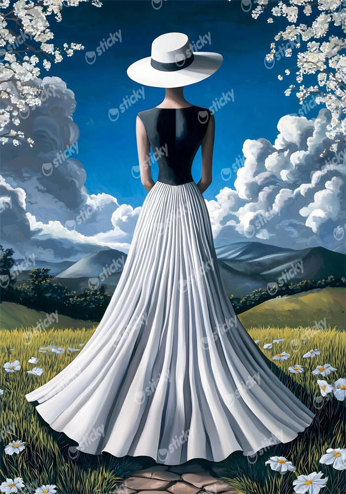 Πινακας σε καμβά WOMAN WITH WHITE DRESS IN FIELD RETRO DREAMSCAPE