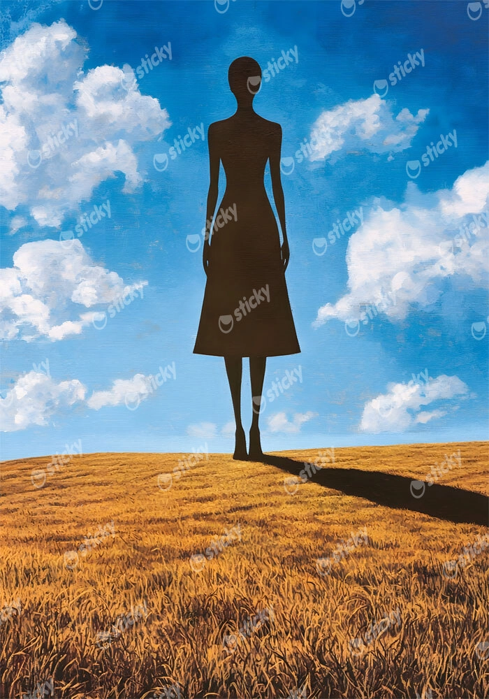 Πινακας σε καμβά BLACK FIGURE OF A WOMAN IN FIELD RETRO DREAMSCAPE