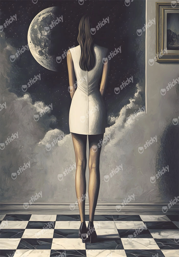 Πινακας σε καμβά WOMAN STARING AT THE MOON RETRO DREAMSCAPE