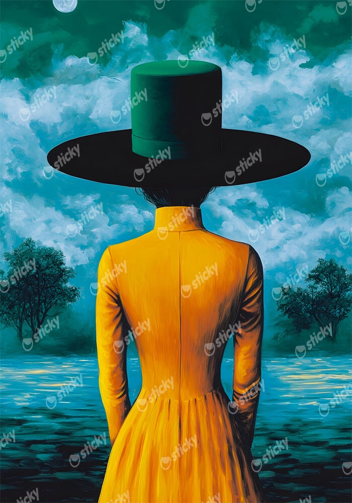 Πινακας σε καμβά WOMAN WITH ORANGE DRESS AND GREEN HAT RETRO DREAMSCAPE