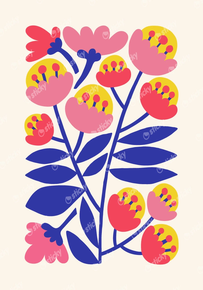 Πόστερ YELLOW PINK AND BLUE ABSTRACT FLORAL