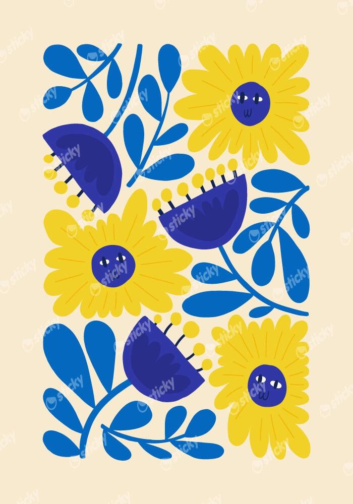 Πόστερ YELLOW AND BLUE ABSTRACT FLORAL