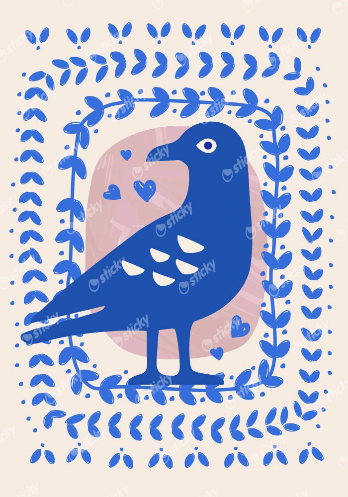 Πόστερ BLUE BIRD WITH LEAVES ILLUSTRATION