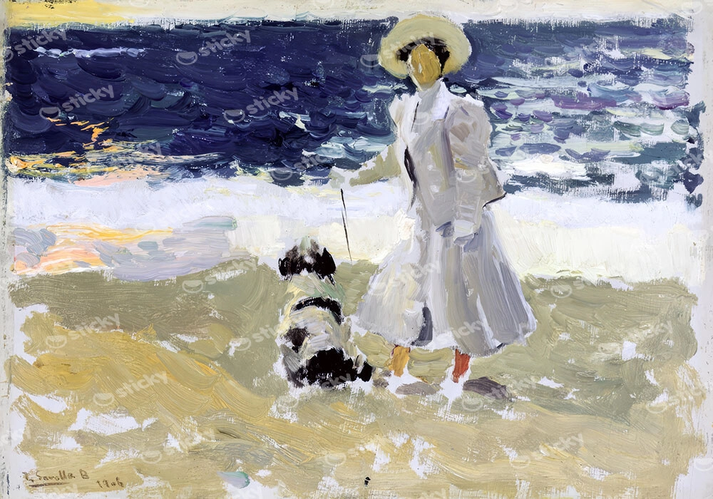 Πινακας σε καμβά JOAQUIN SOROLLA - LADY AND DOG ON THE BEACH