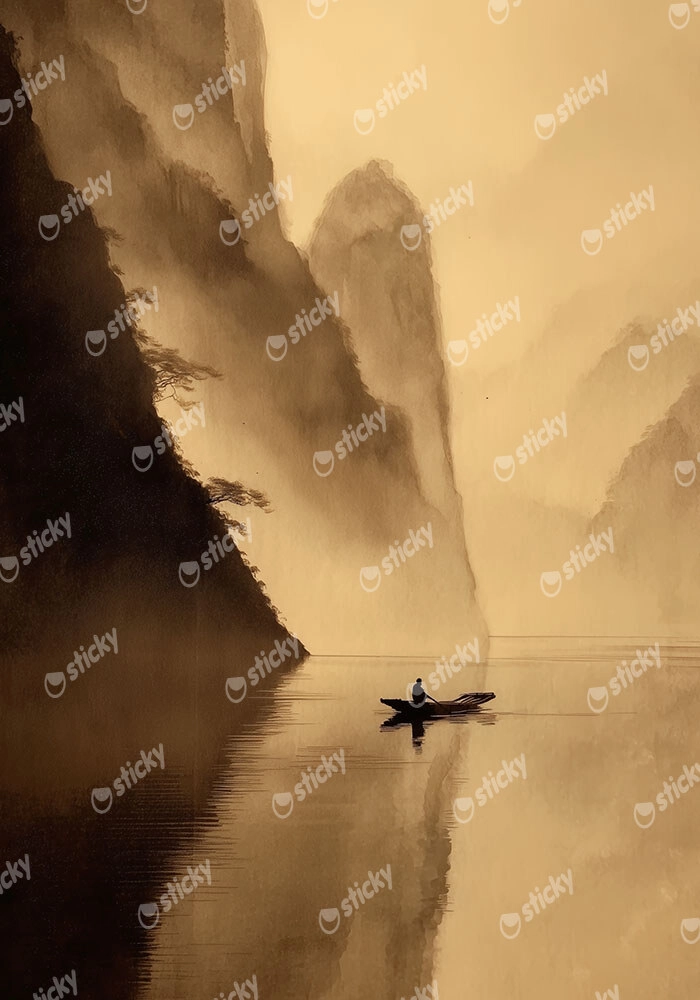 Πίνακας σε Καμβά BOAT IN MISTY MOUNTAIN LAKE