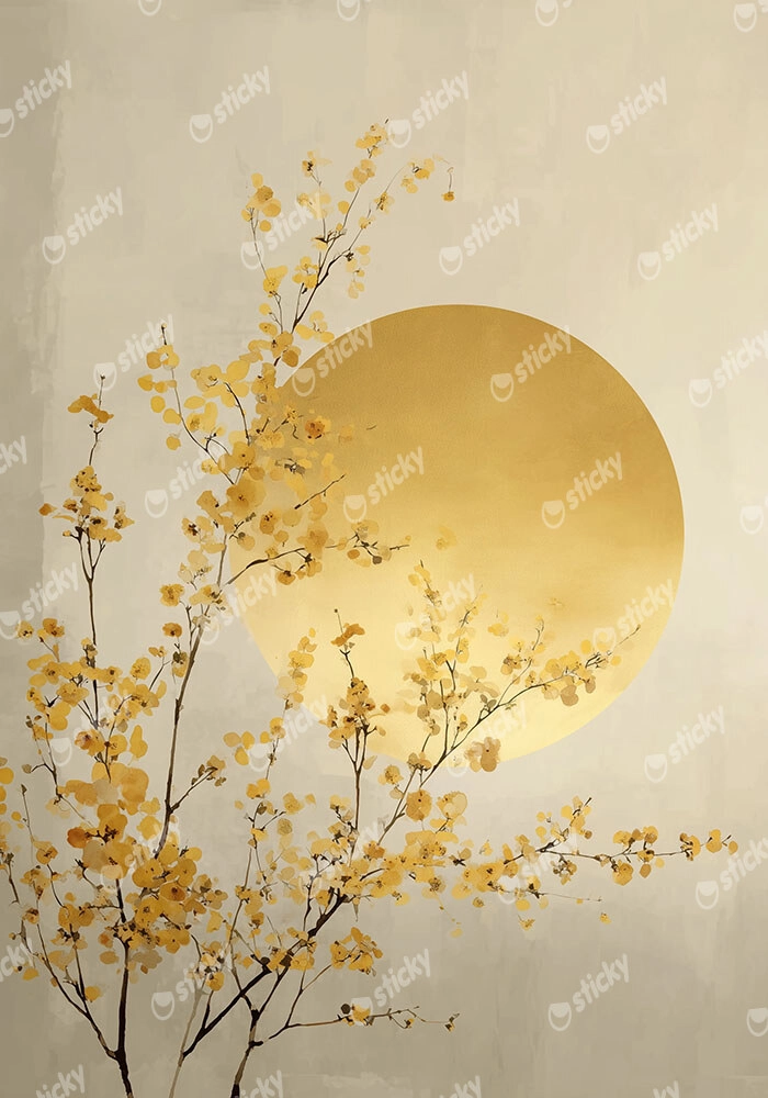 Πίνακας σε Καμβά GOLDEN CHERRY BLOSSOMS WITH SUN