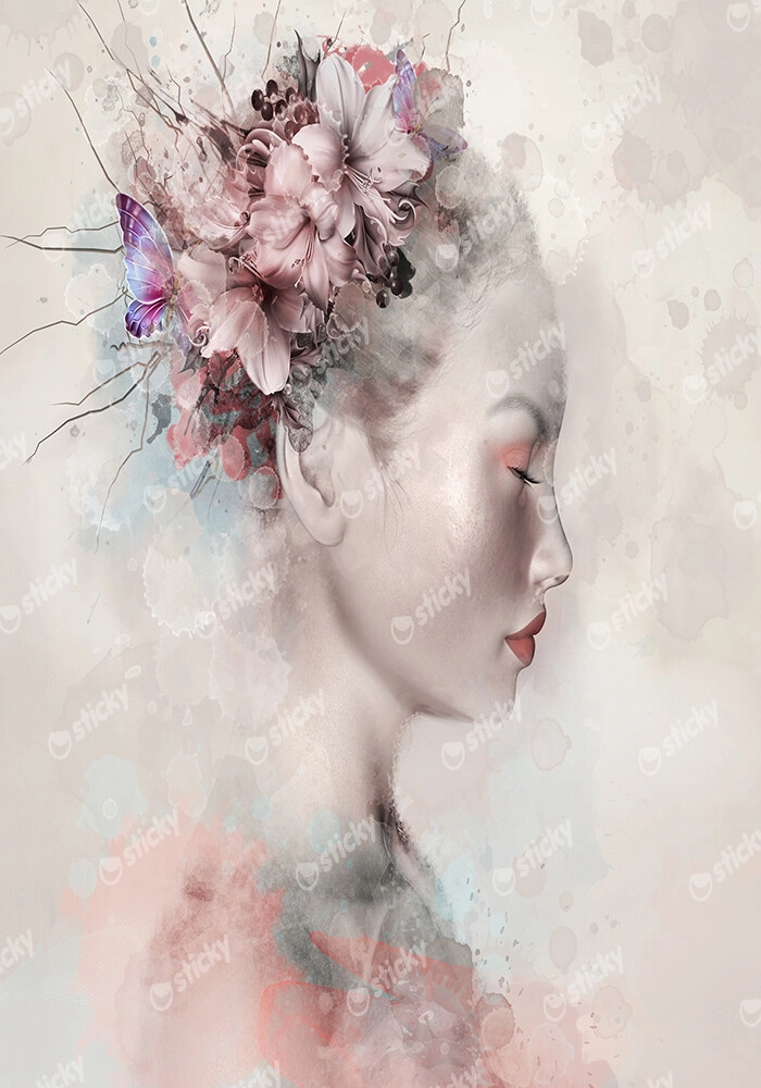 Πινακας σε καμβά WATERCOLOR PORTRAIT OF A WOMAN WITH LILIES