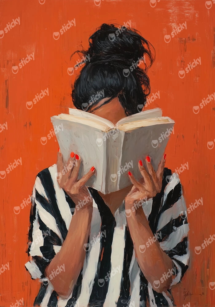 Πίνακας σε Καμβά AFROCENTRIC WOMAN HIDING BEHIND BOOK ORANGE